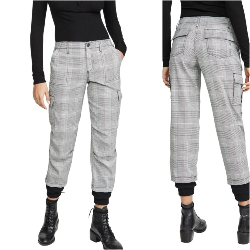 Alice + Olivia Isaac Distress Cargo Pants Grey houndstooth Size 8 - Picture 1 of 10